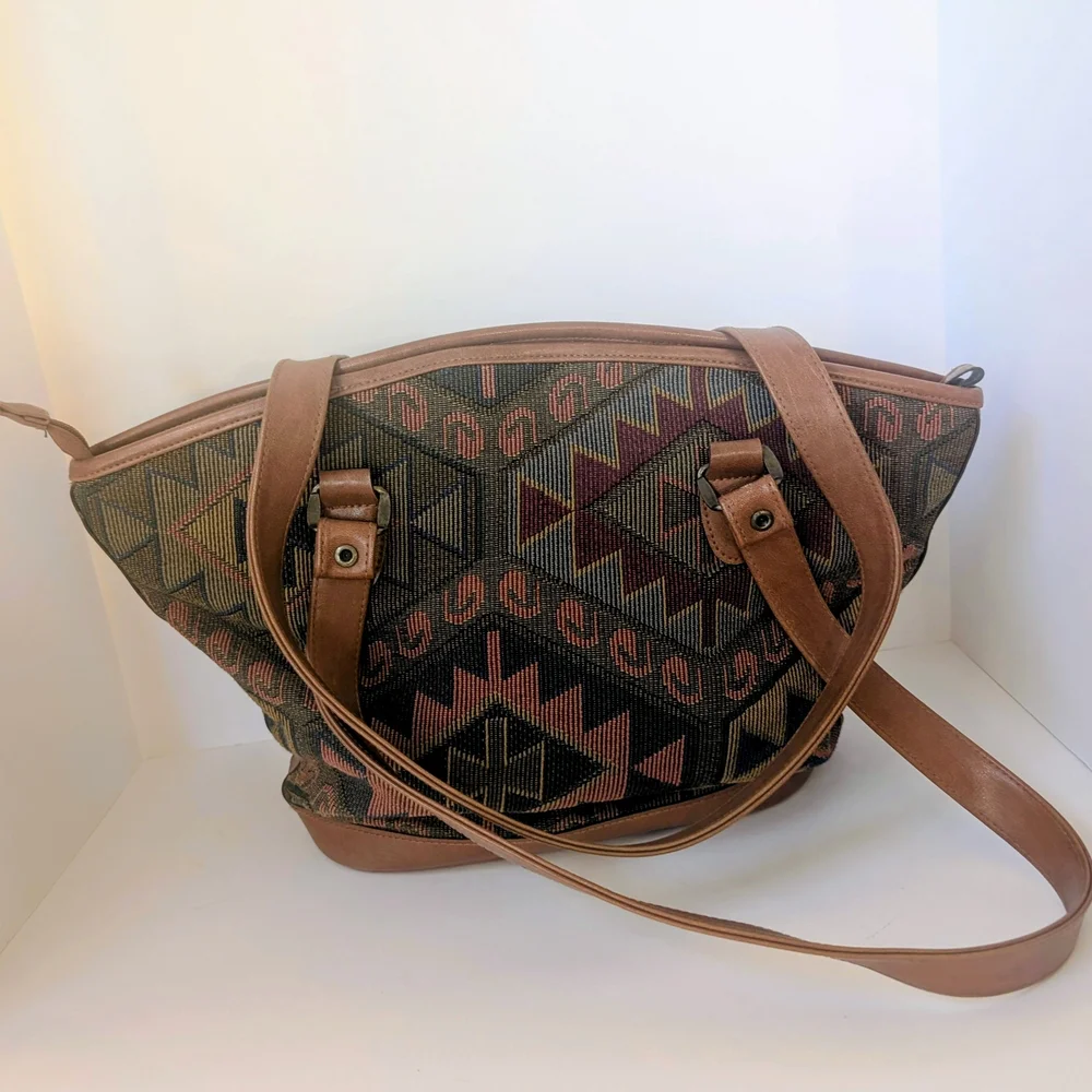 Vintage Tote Bag Southwestern Tapestry Leather Trim Aztec Pattern Boho Style
